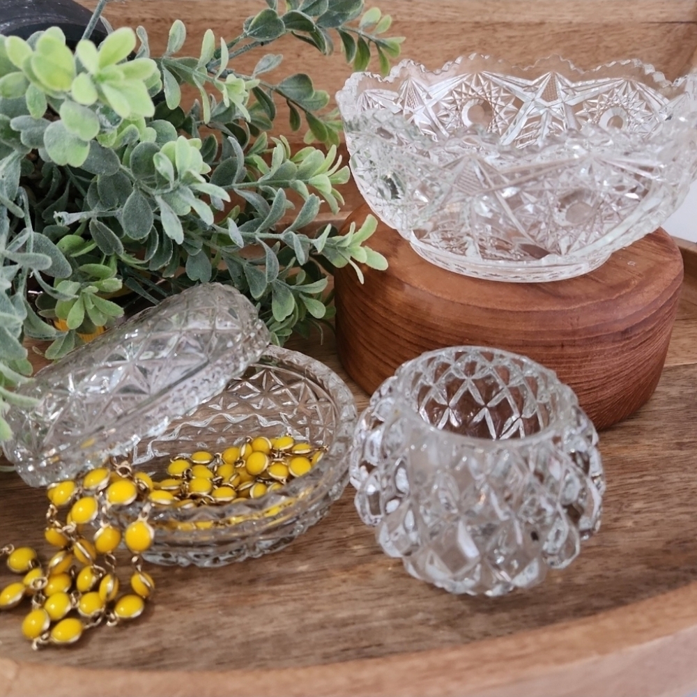 Vintage EAPG Clear Cut Glass Starburst Bowl Hobnail Trinket Box Votive Holder